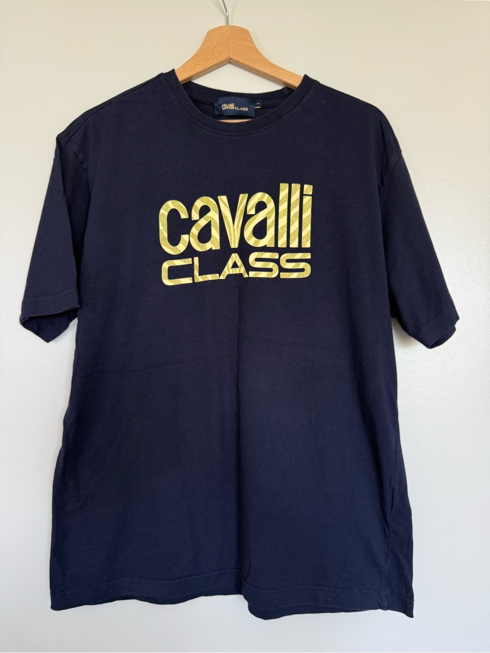 Cavalli Class Navy T-Shirt with Gold Logo Print